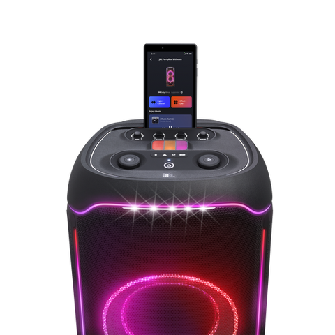 JBL Partybox Ultimate with Dynamic Lightshow, Party Pad, Dual Mic with Guitar Inputs, Pro Sound, Ipx4 Splashproof, (Black)