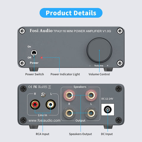 Fosi Audio V1.0G-19V 2.0 Channel Mini Stereo Audio Amplifier